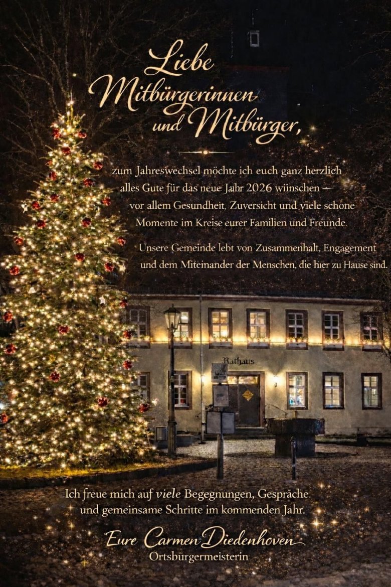 Geschmückter Weihnachtsbaum vor dem Rathause bei Nacht