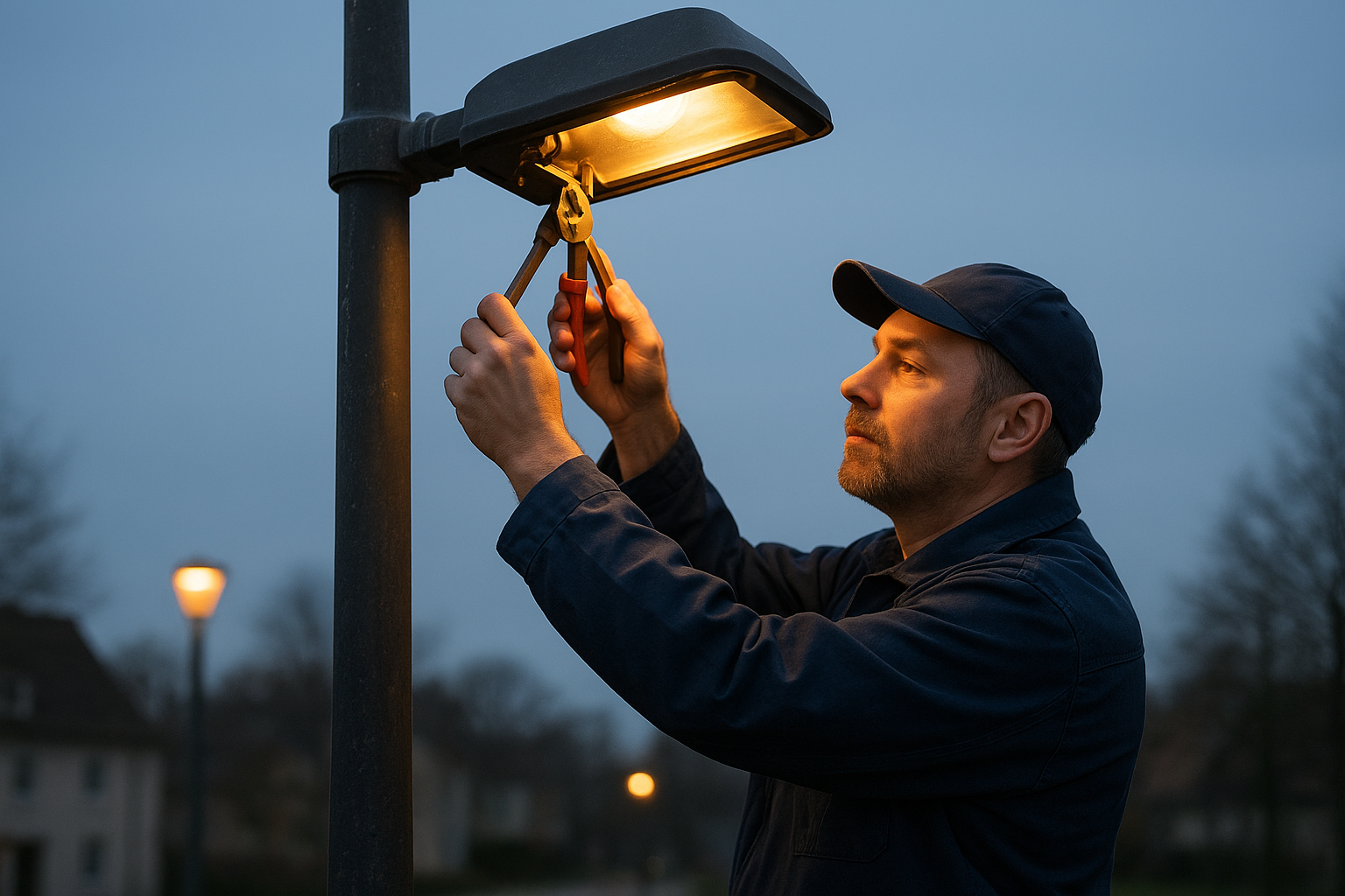Mann mit Werkzeug in der Hand arbeitet an einer Straßenlaterne