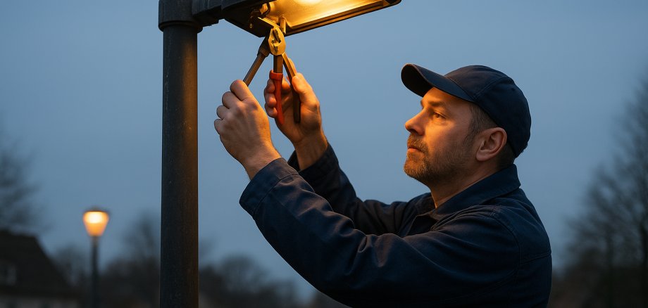 Mann mit Werkzeug in der Hand arbeitet an einer Straßenlaterne