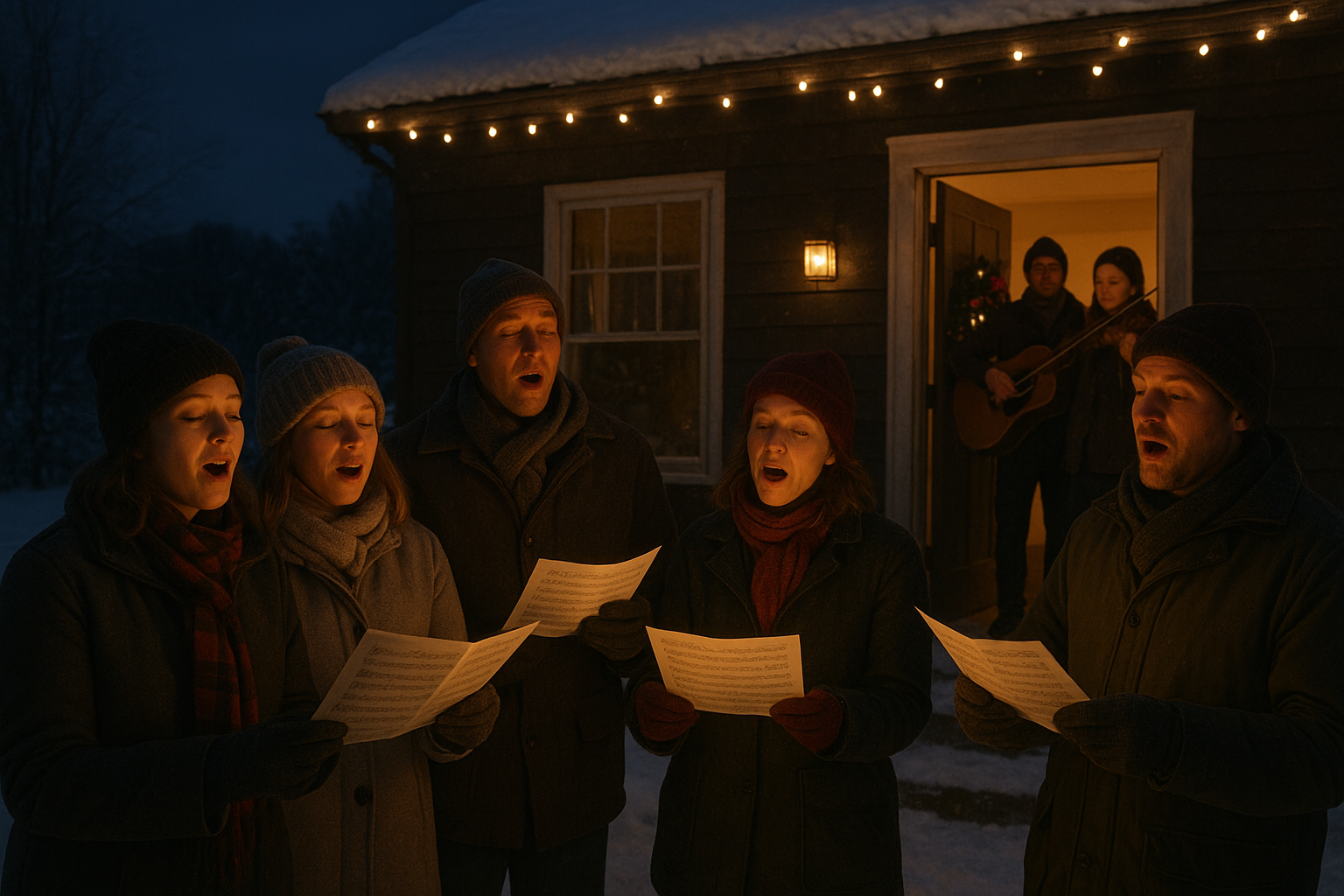 Menschen singen Weihnachtslieder vor einem verschneiten haus