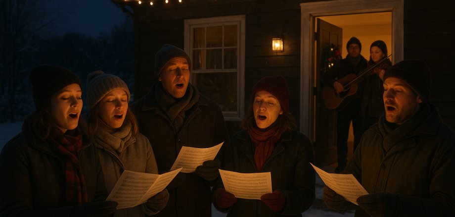 Menschen singen Weihnachtslieder vor einem verschneiten haus