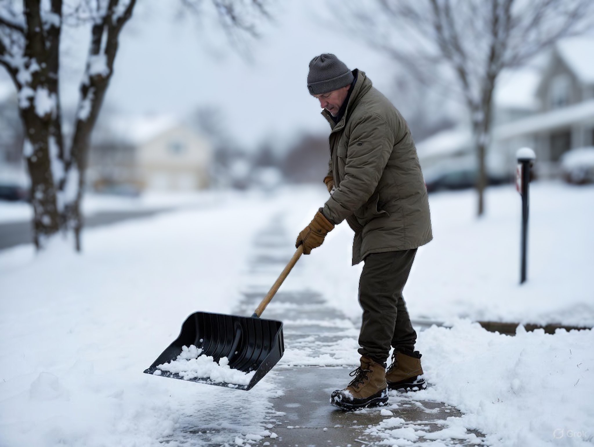 Mann befreit mit einer Schaufel den Gehweg vom Schnee