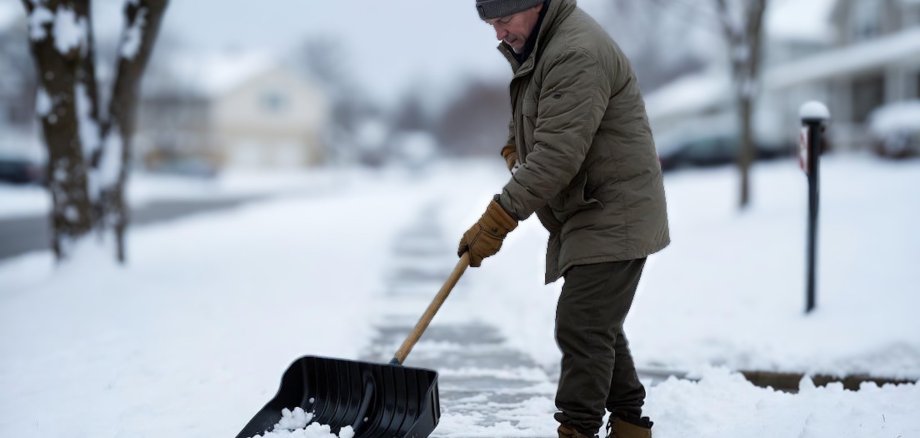 Mann befreit mit einer Schaufel den Gehweg vom Schnee