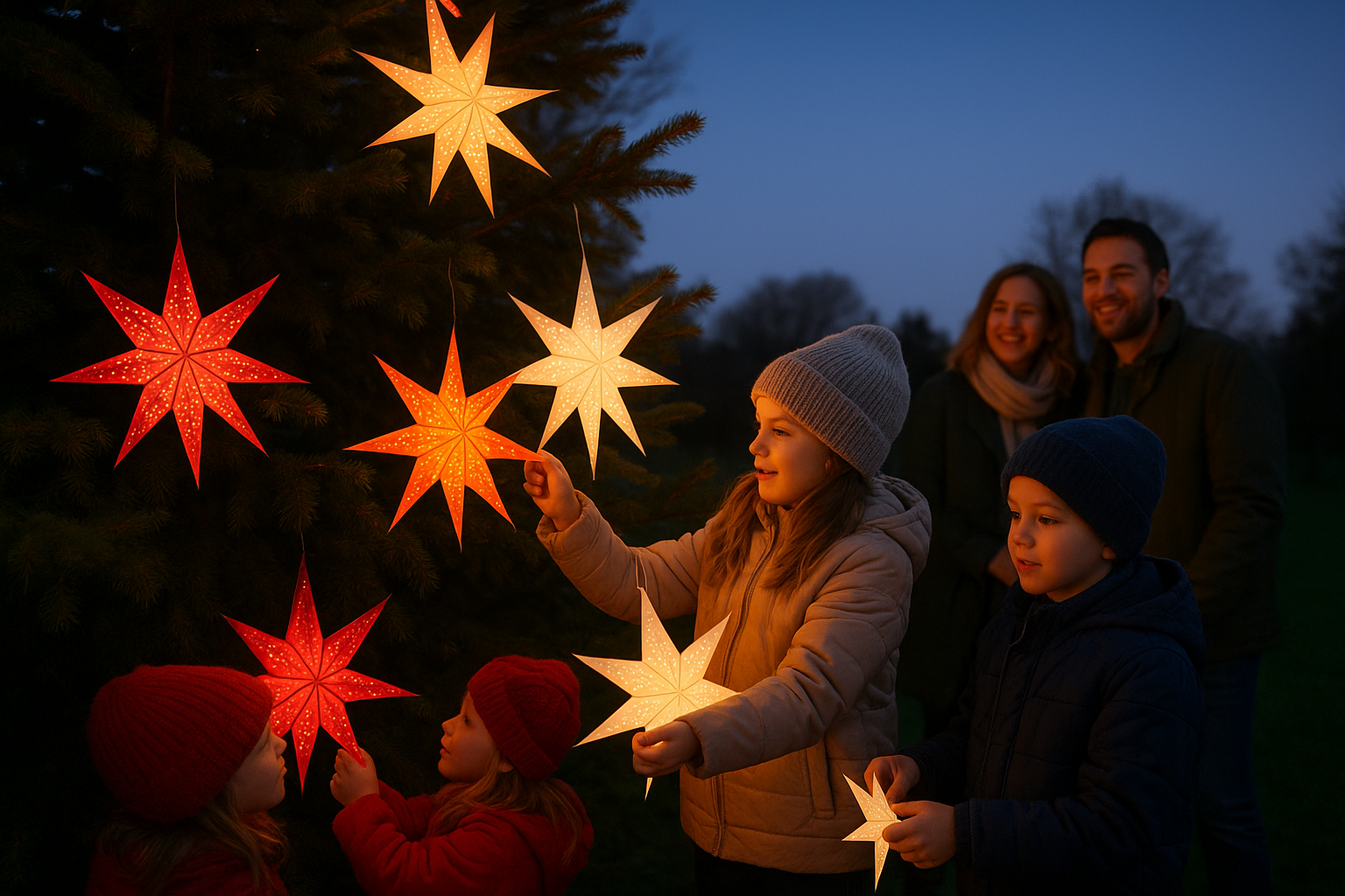 Zwei Kinder schmücken einen Tannenbaum mit bunten Sternen