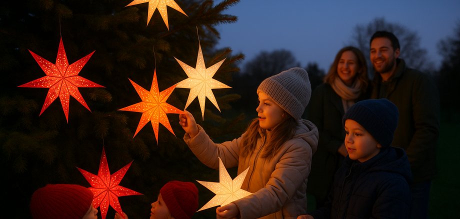 Zwei Kinder schmücken einen Tannenbaum mit bunten Sternen
