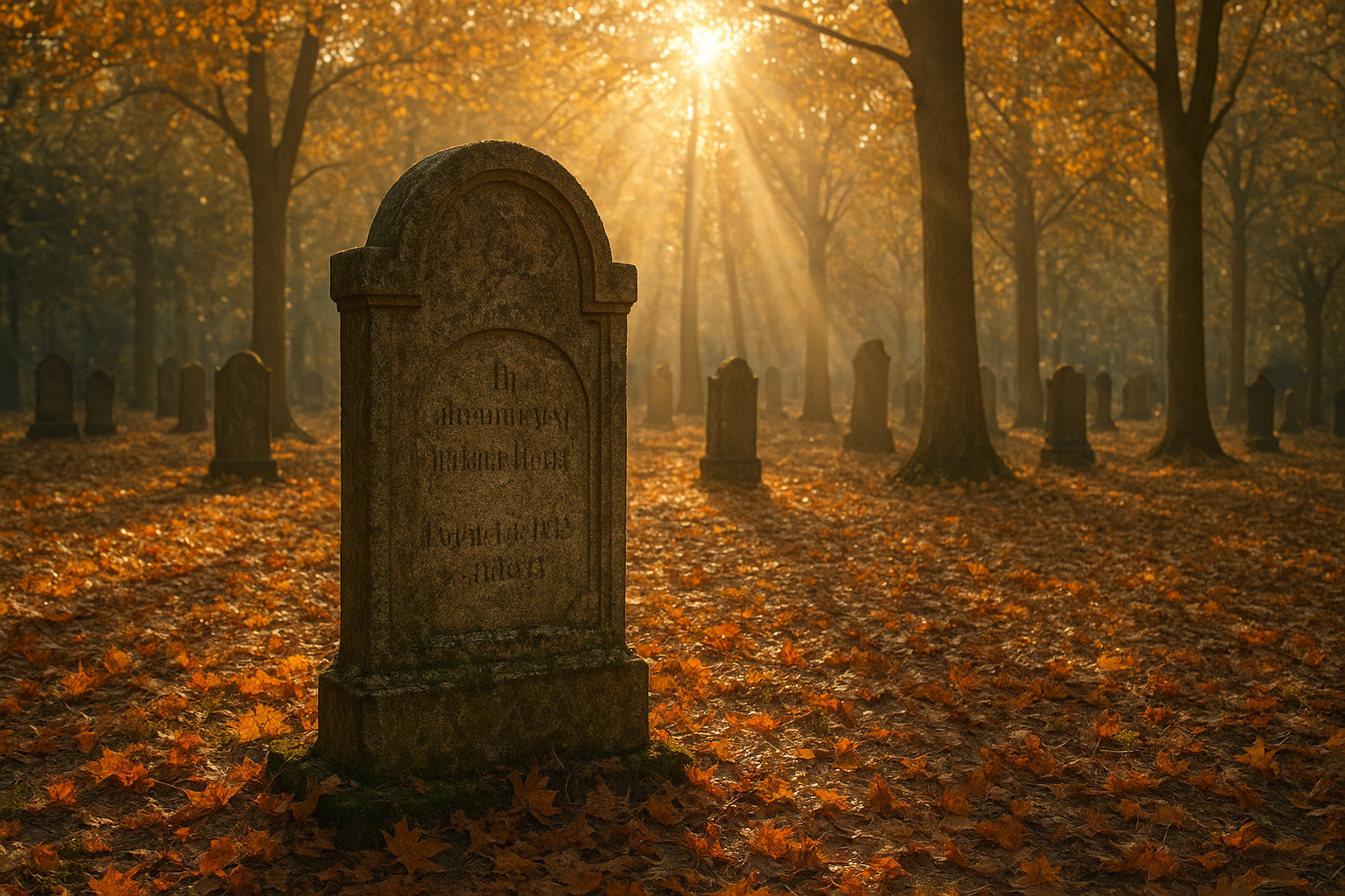 Grabstein in einem sonnendurchfluteten Herbstwald