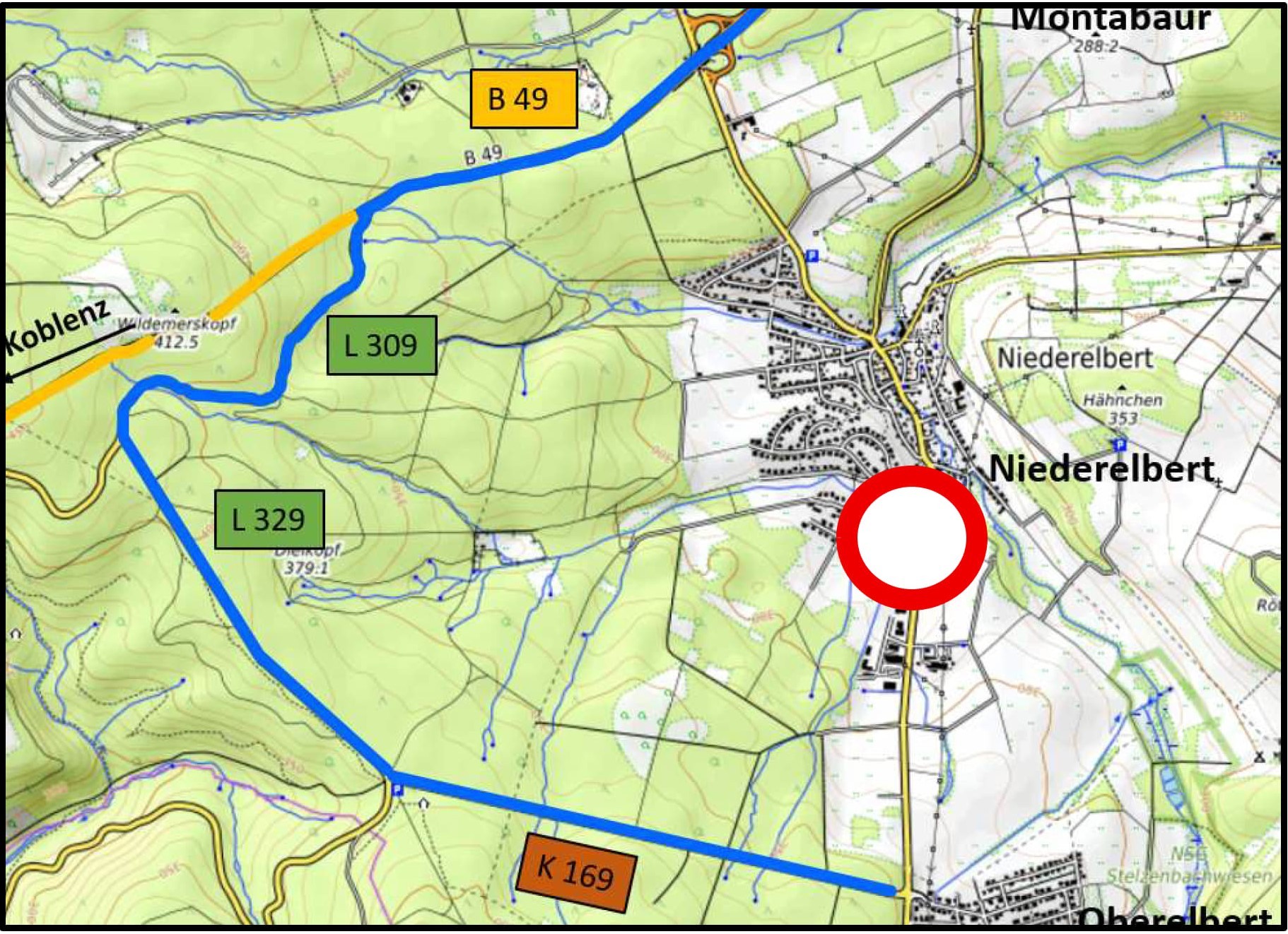 Sperrung der Ortsdurchfahrt Niederelbert Karte mit Umleitungsempfehlung