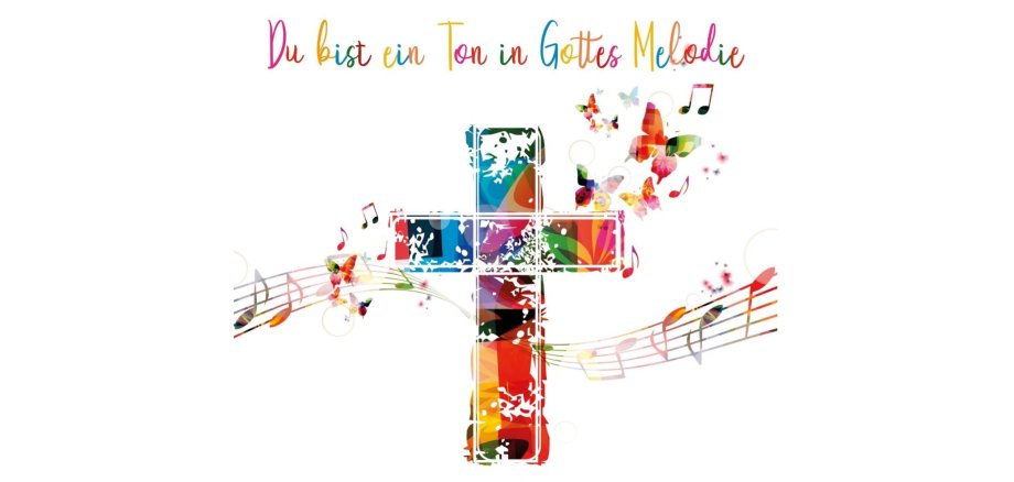 Kommunion 2026 Buntes Kreuz hinter dem bunte Notzen auf Linien schweben