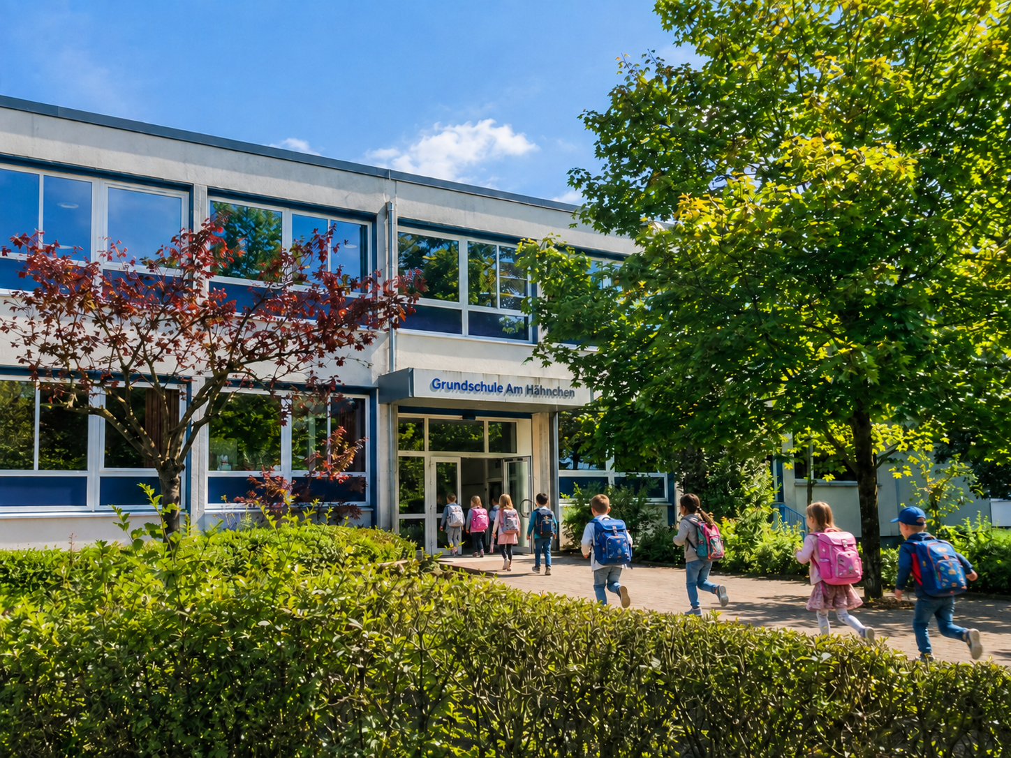 Kinder laufen in ein Schulgebäude