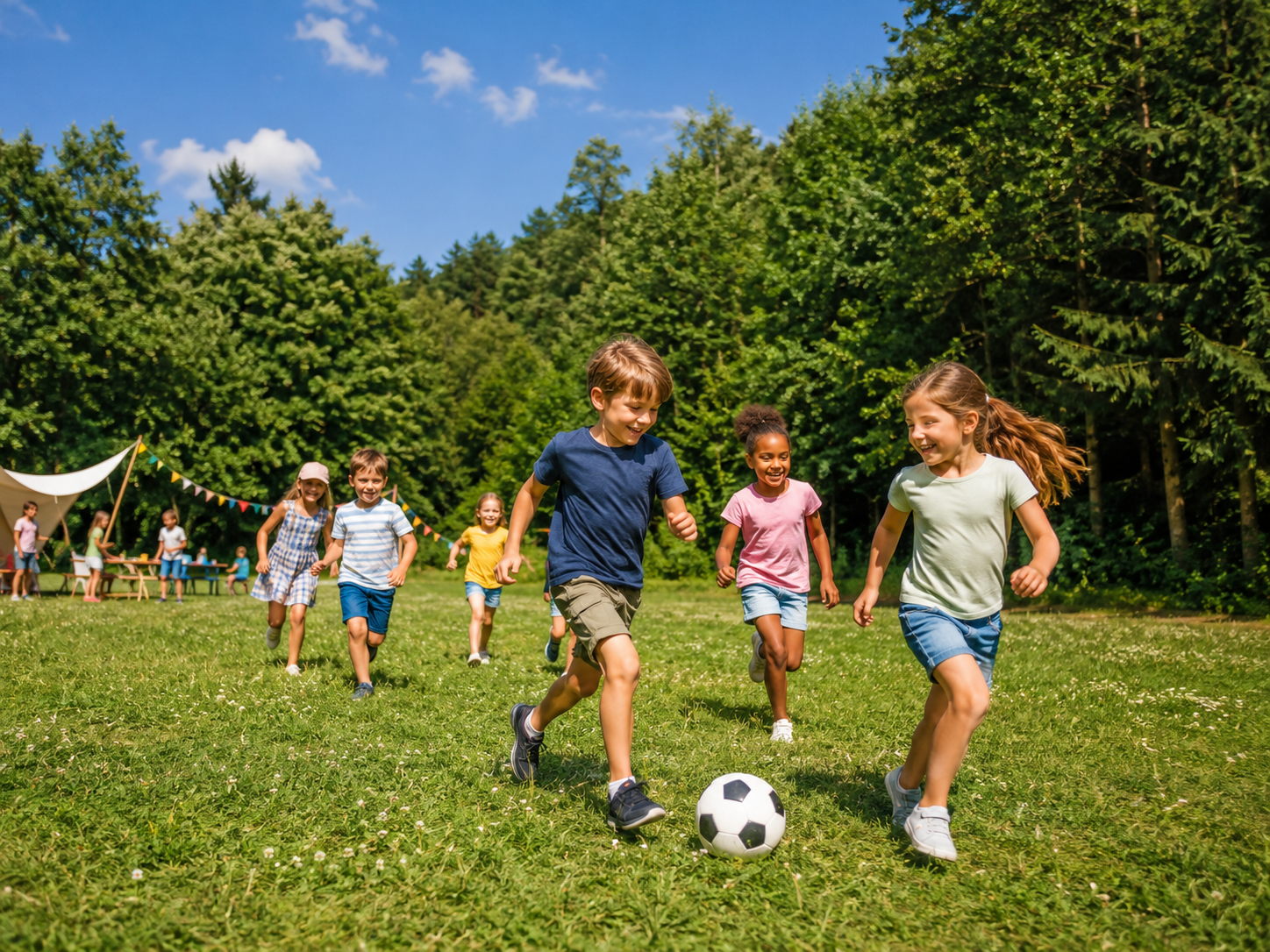 Kinder, die auf einer Wiese am Waldrand Fußball spielen