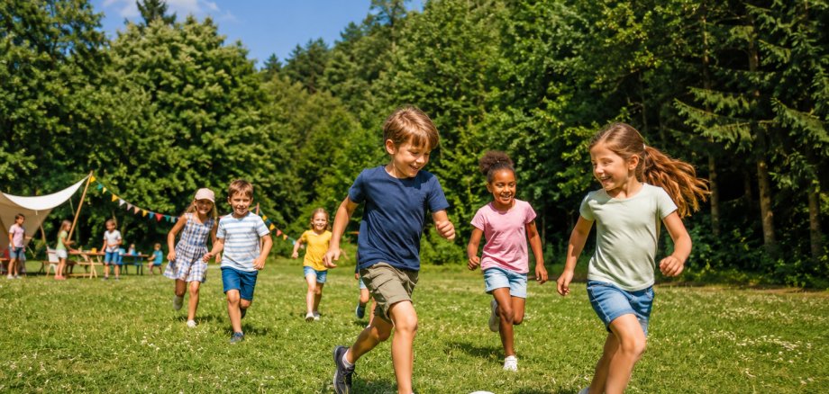 Kinder, die auf einer Wiese am Waldrand Fußball spielen