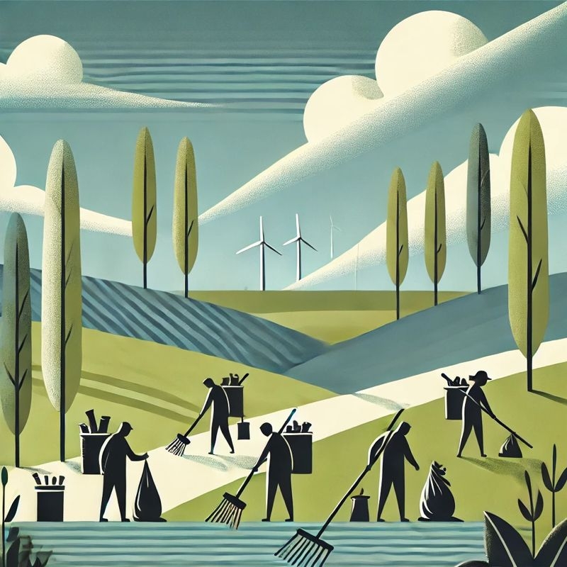 Illustration einer grünen Landschaft in der stilisiert dargestellte Menschen den Rasen pflegen