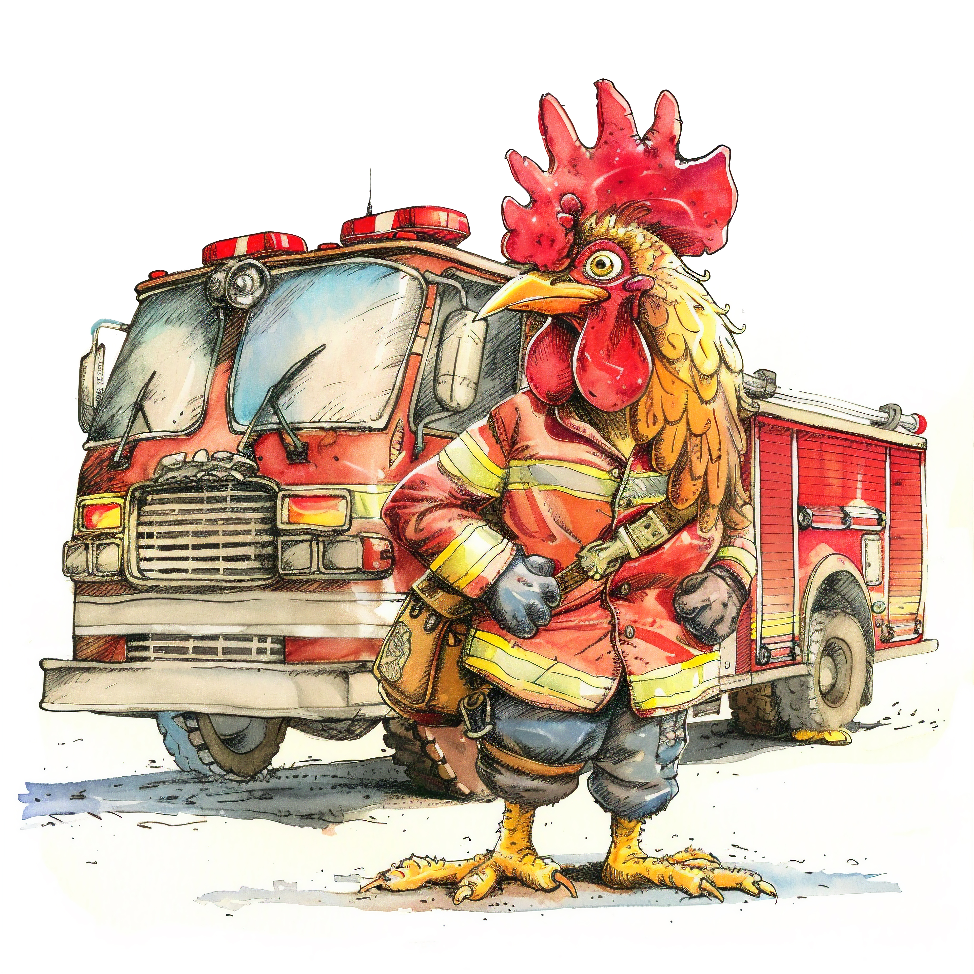 Illustration eines Hahnes im Feuerwehranzug vor einem Löschfahrzeug